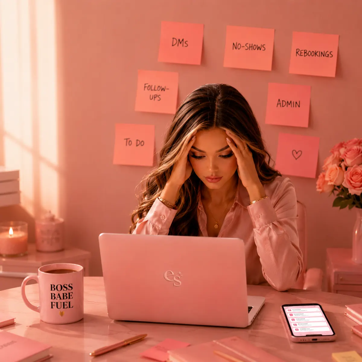 Überforderte Beauty-Studio-Inhaberin mit Sticky-Notes-Wand voller offener DMs, No-Shows und Follow-Ups